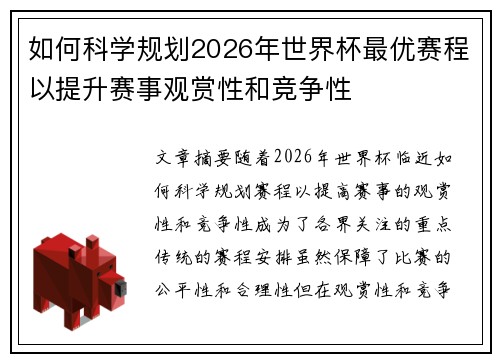 如何科学规划2026年世界杯最优赛程以提升赛事观赏性和竞争性 如何科学规划2026年世界杯最优赛程以提升赛事观赏性和竞争性